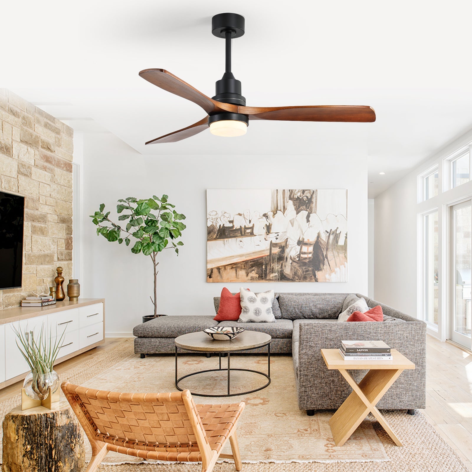 52 Inch Indoor Ceiling Fan HouseOfZazla with dimmable LED light and black housing, blades on Tampa Home & Garden Store