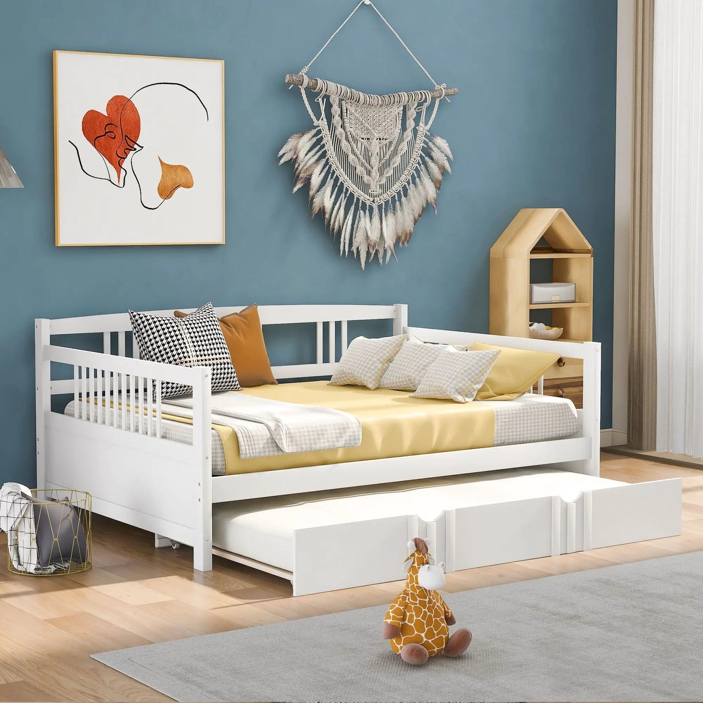 Modern multifunctional daybed with storage drawers, white frame, yellow bedding on Tampa Home & Garden Store