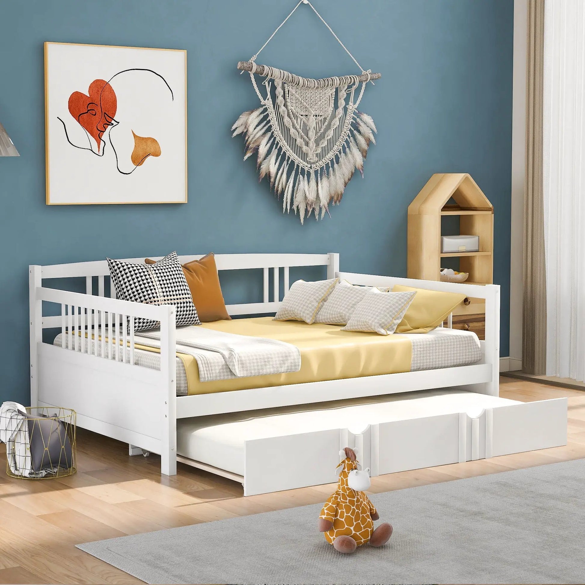 Modern multifunctional daybed with storage drawers, white frame, yellow bedding on Tampa Home & Garden Store