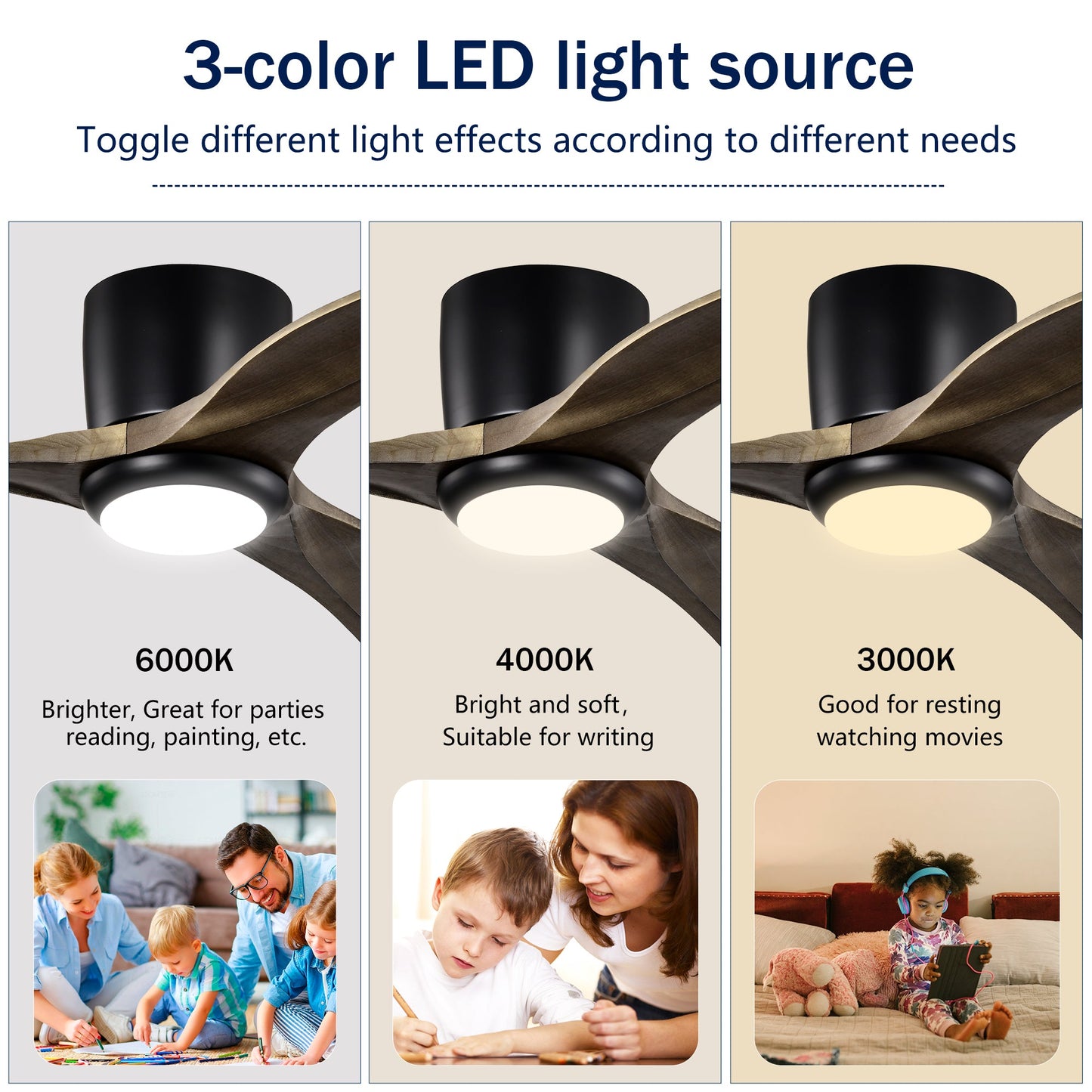 HouseOfZazla 52-inch flush mount ceiling fan with lights, wood blades, remote, 3 color temps on Tampa Home & Garden Store