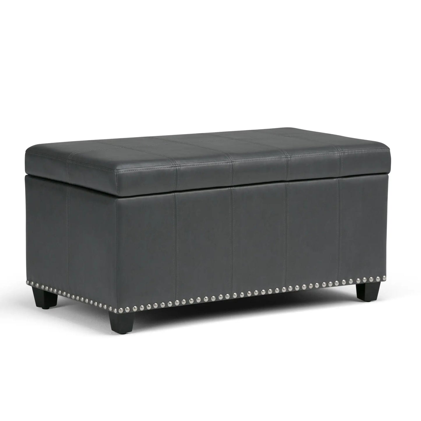 Amelia storage ottoman bench in dark gray leather with quilted stitching and nailhead trim on Tampa Home & Garden Store