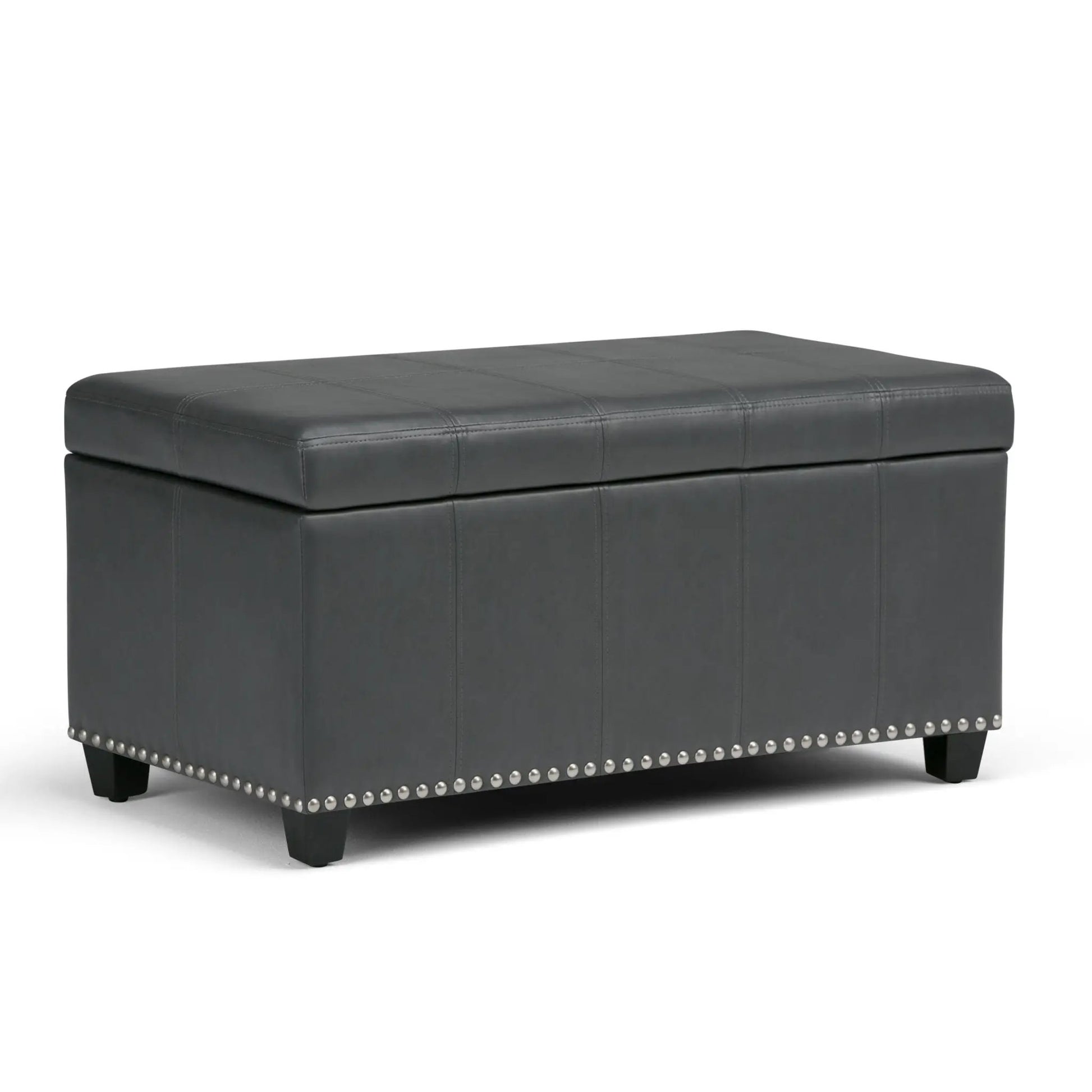 Amelia storage ottoman bench in dark gray leather with quilted stitching and nailhead trim on Tampa Home & Garden Store