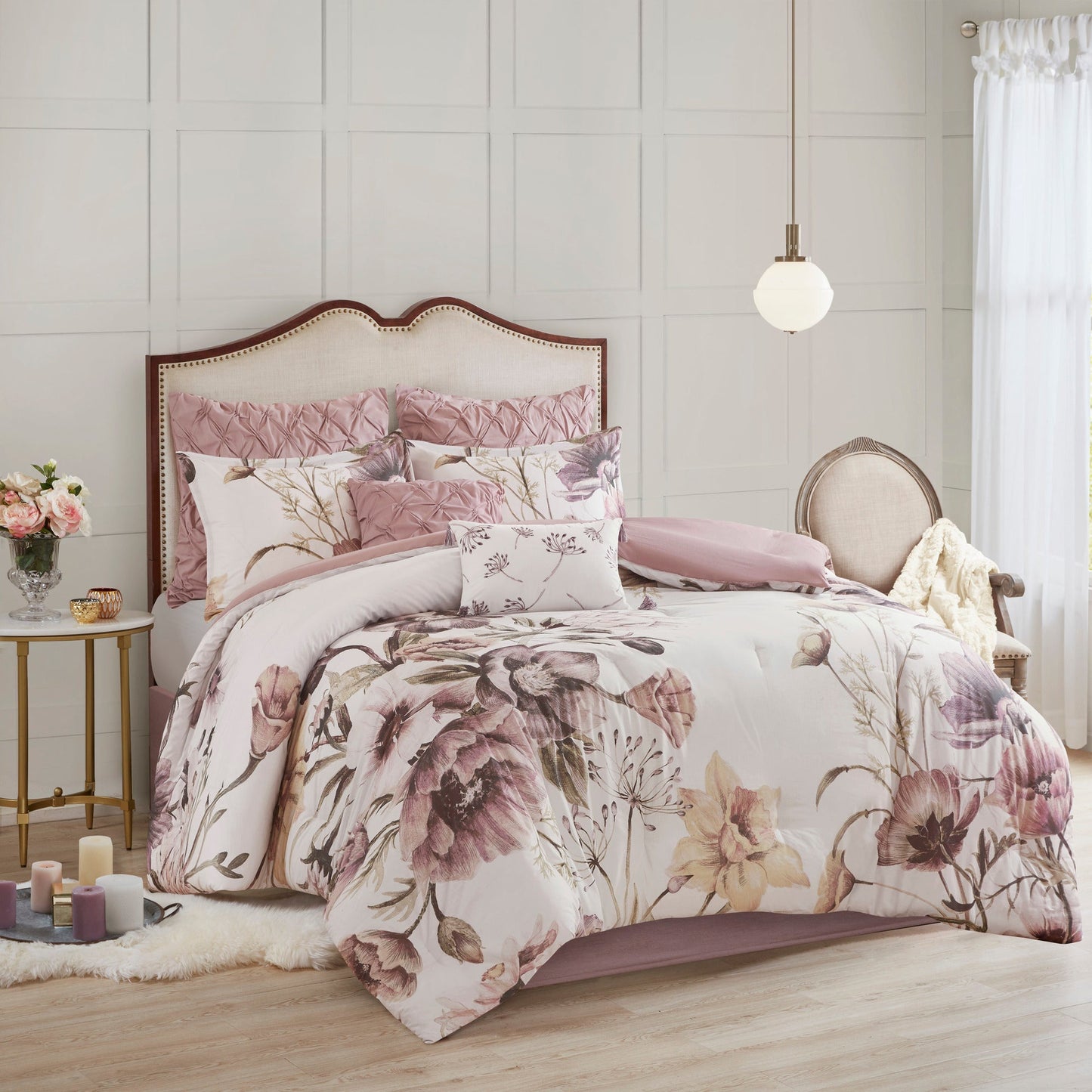 8 Piece Cotton Printed Comforter Set Blush King by HouseOfZazla with pink floral bedding on bed on Tampa Home & Garden Store