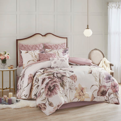 8 Piece Cotton Printed Comforter Set Blush King by HouseOfZazla with pink floral bedding on bed on Tampa Home & Garden Store