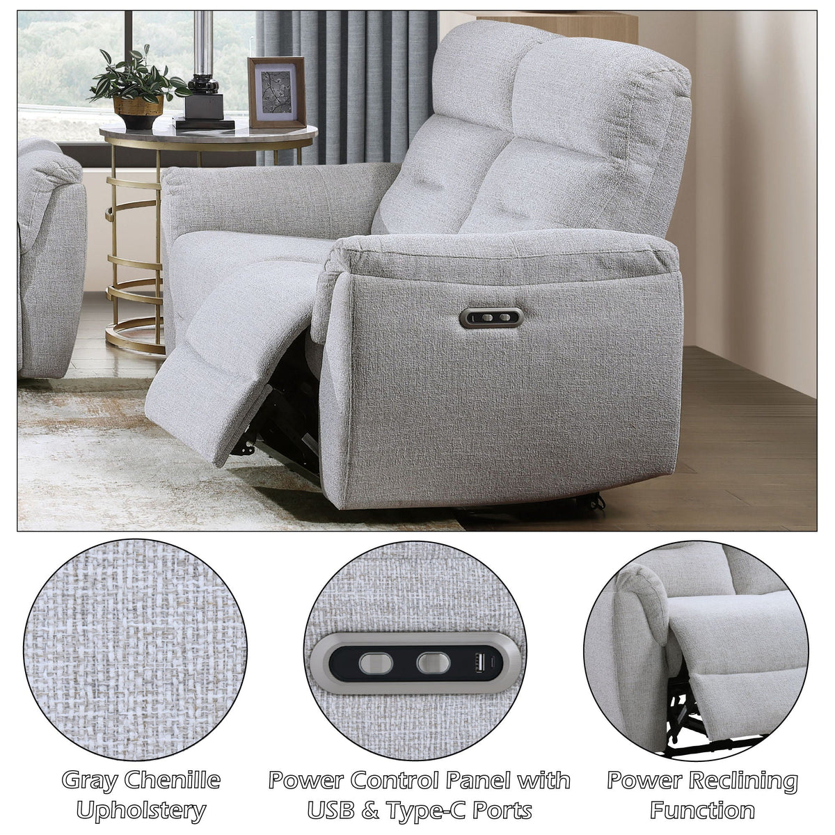 Power motion reclining loveseat in gray chenille with USB and Type-C ports on side control panel on Tampa Home & Garden Store