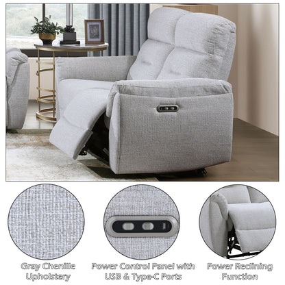 Power motion reclining loveseat in gray chenille with USB and Type-C ports on side control panel on Tampa Home & Garden Store