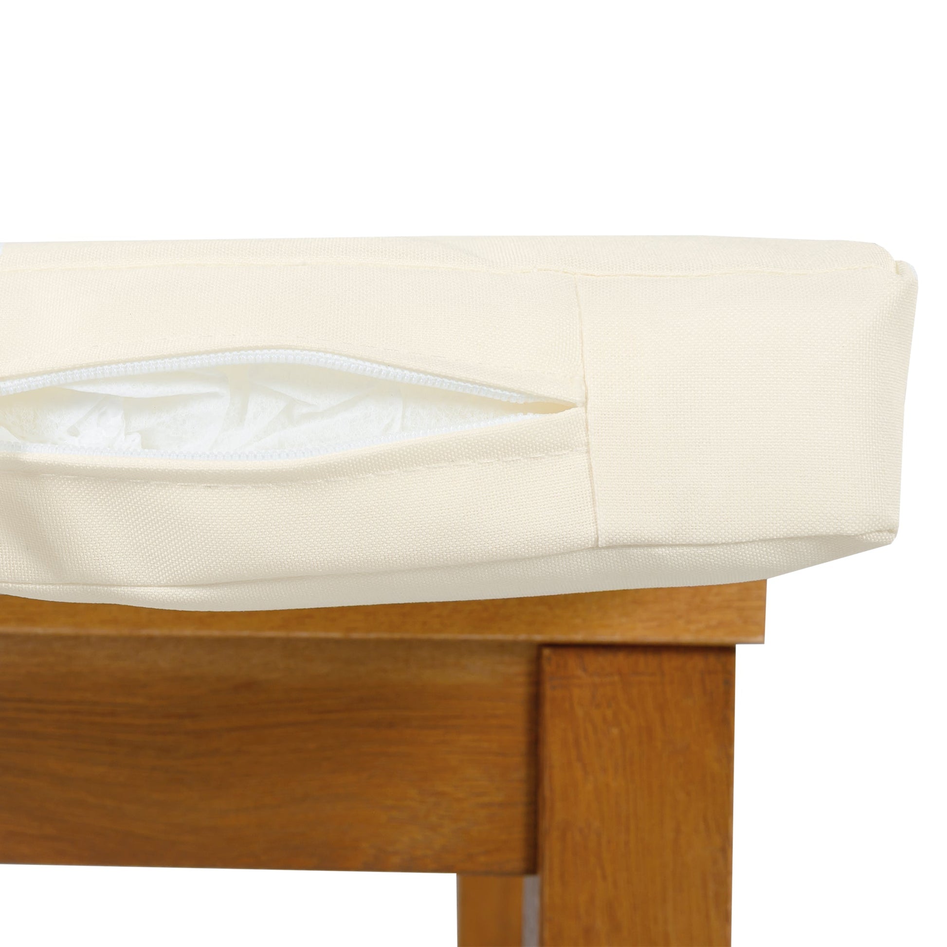 7 Pieces Patio Dining Set beige fabric cushion on wooden outdoor dining table on Tampa Home & Garden Store