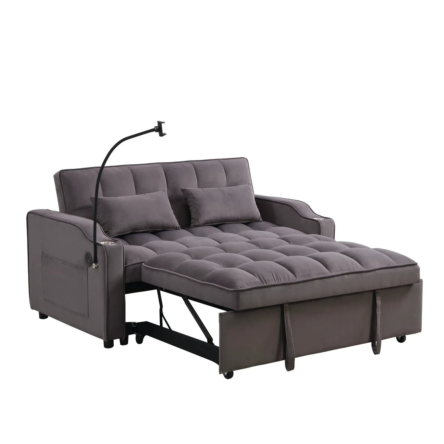 Modern sleeper loveseat futon with pullout bed, gray tufted upholstery, adjustable backrest on Tampa Home & Garden Store