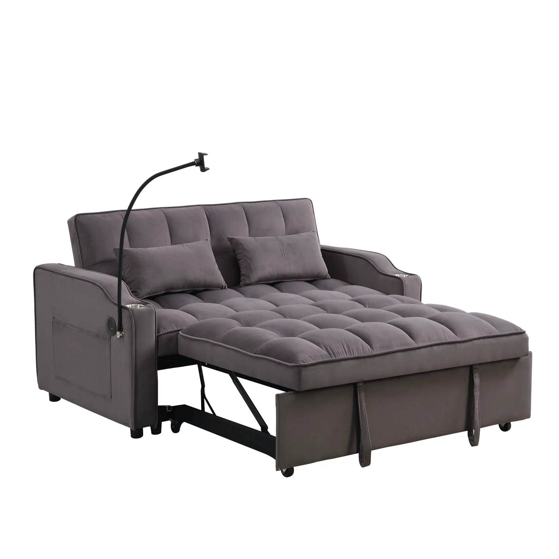 Modern sleeper loveseat futon with pullout bed, gray tufted upholstery, adjustable backrest on Tampa Home & Garden Store