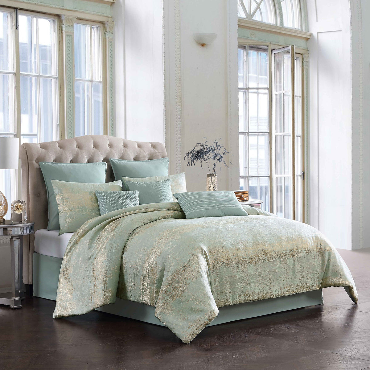 Gold Satin Circle Quilted 7 Piece Comforter Set