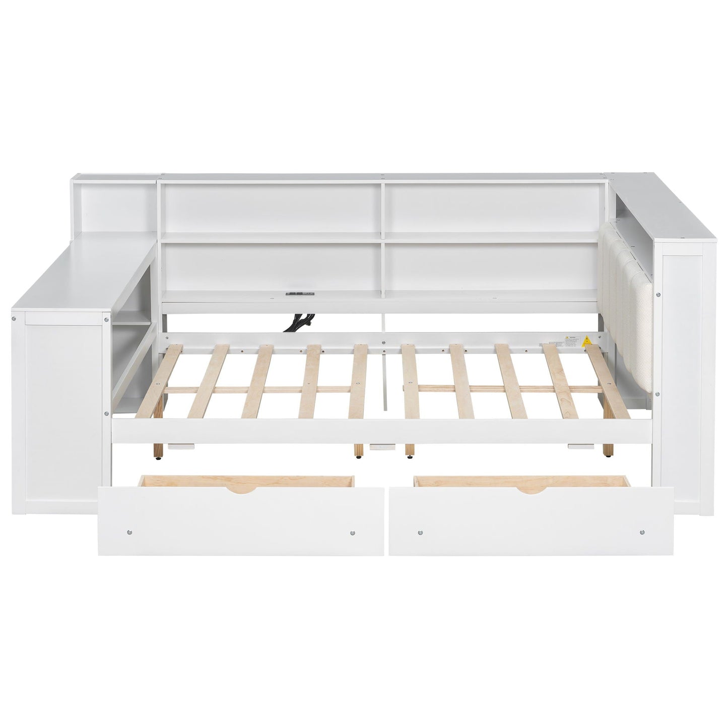 Platform bed with built-in storage shelves and two front drawers in white finish on Tampa Home & Garden Store