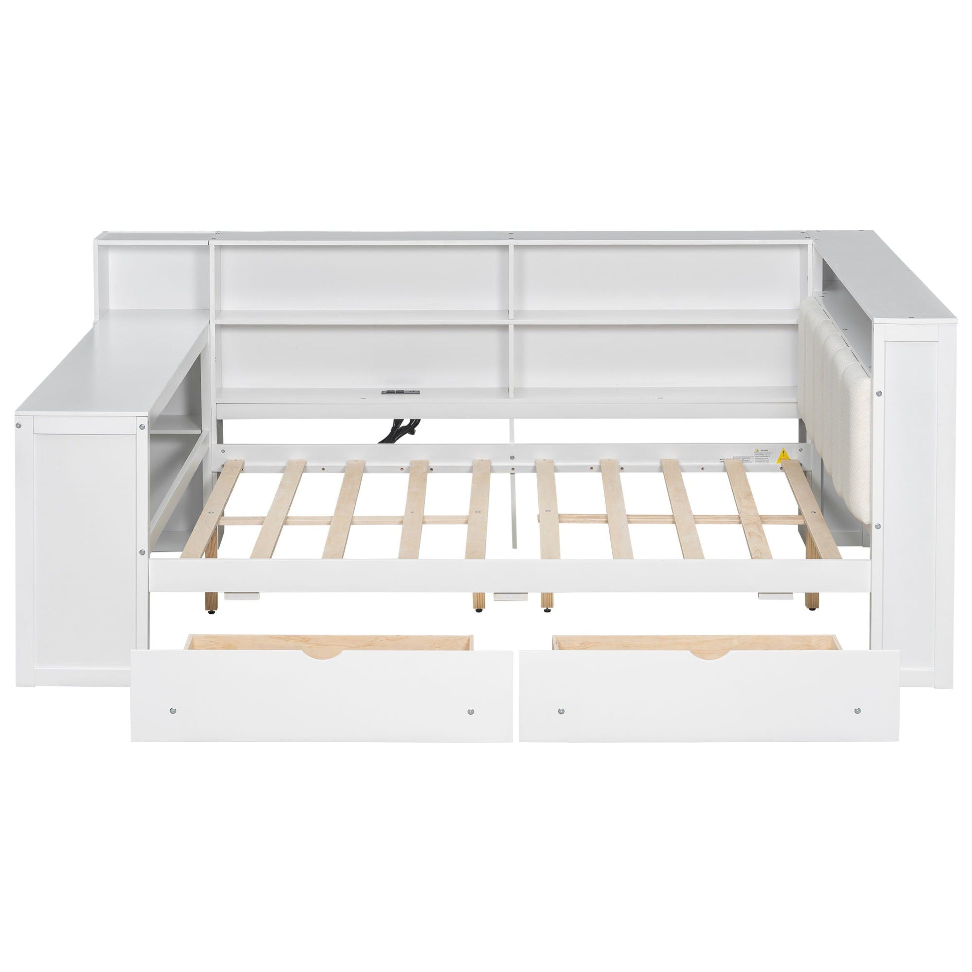 Platform bed with built-in storage shelves and two front drawers in white finish on Tampa Home & Garden Store
