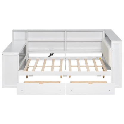 Platform bed with built-in storage shelves and two front drawers in white finish on Tampa Home & Garden Store