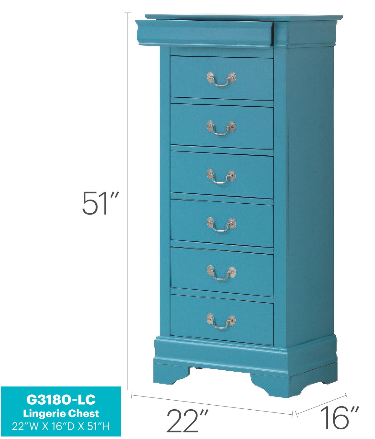 Lingerie Chest by HouseOfZazla in blue with traditional English dovetail drawers and handles on Tampa Home & Garden Store