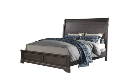 Crafted Sleigh Bed in dark wood finish with paneled headboard and footboard, blue bedding on Tampa Home & Garden Store
