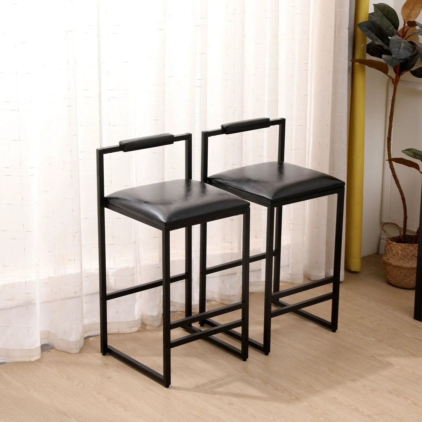 Elegant bar stools set of 2 with backrests and footrests, counter-height, black metal frames on Tampa Home & Garden Store