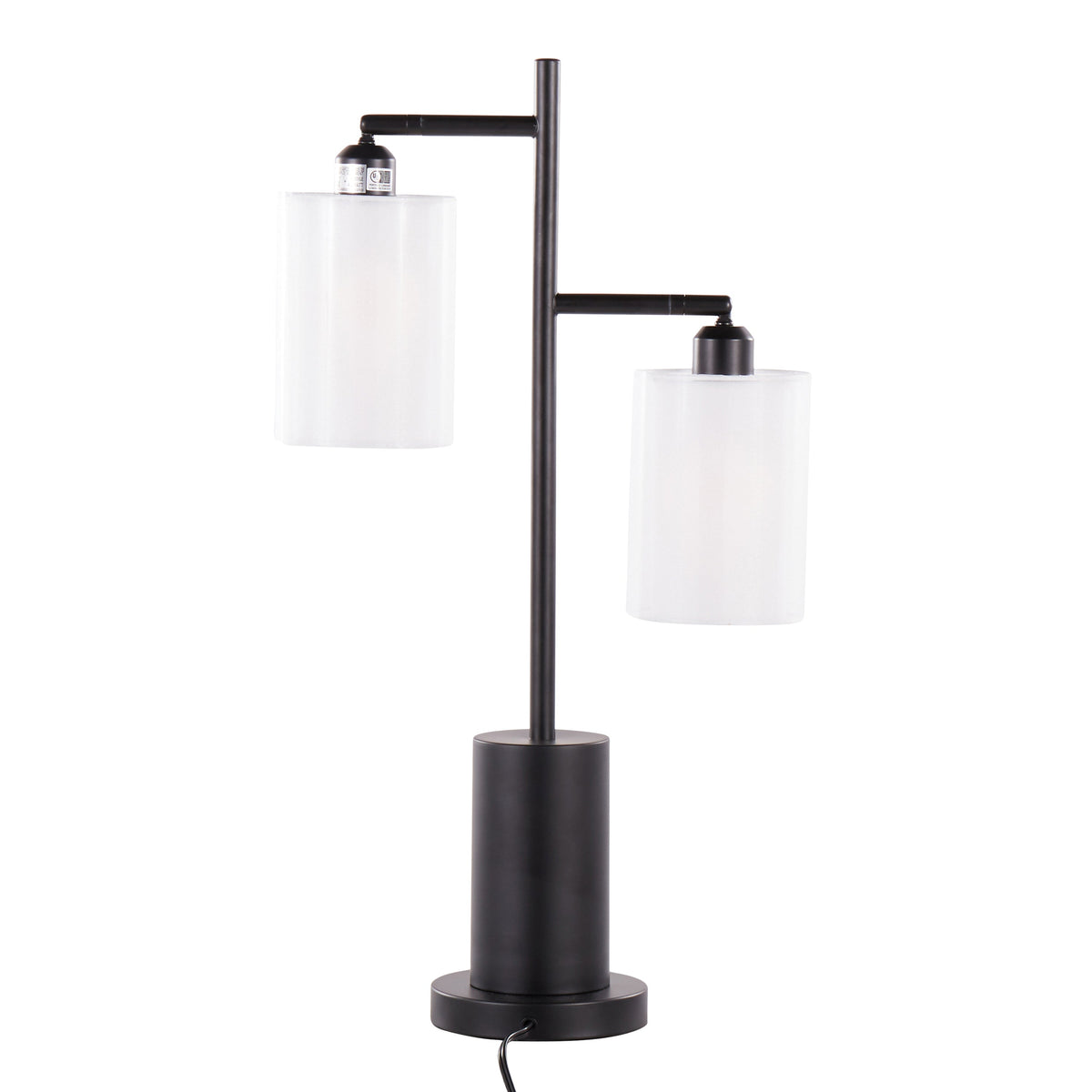 Cannes Contemporary Table Lamp by HouseOfZazla in black metal with two white cylindrical shades on Tampa Home & Garden Store