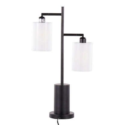 Cannes Contemporary Table Lamp by HouseOfZazla in black metal with two white cylindrical shades on Tampa Home & Garden Store
