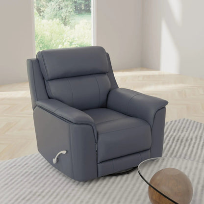 Oslo manual swivel glider recliner in dark gray leather with cushioned headrest on light floor on Tampa Home & Garden Store