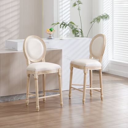 French Country 26'' Height Bar Chairs set of 2 with beige upholstered seats and wood frames on Tampa Home & Garden Store