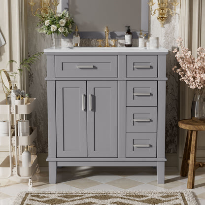 Gray HouseOfZazla bathroom vanity with sink, brass faucet and soft-close drawers on Tampa Home & Garden Store