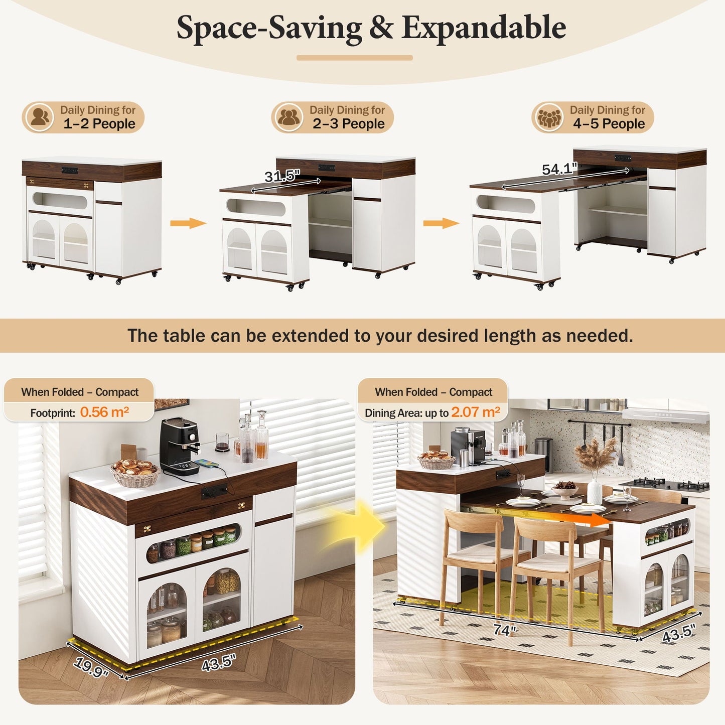 Extendable Table and Rolling Kitchen Island Cart