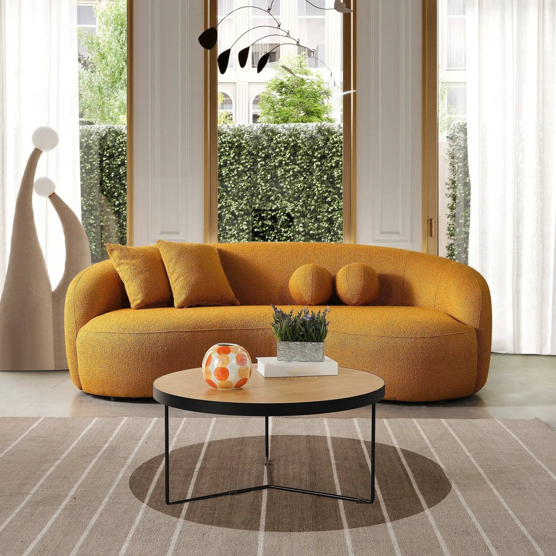 Drake Japandi style curvy boucle sofa in warm mustard fabric by Unique Piece Furniture on Tampa Home & Garden Store