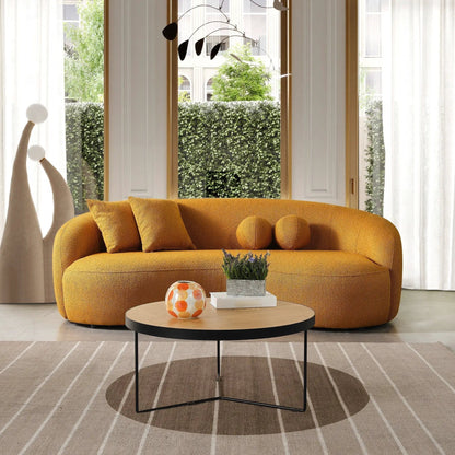 Drake Japandi style curvy boucle sofa in warm mustard fabric by Unique Piece Furniture on Tampa Home & Garden Store
