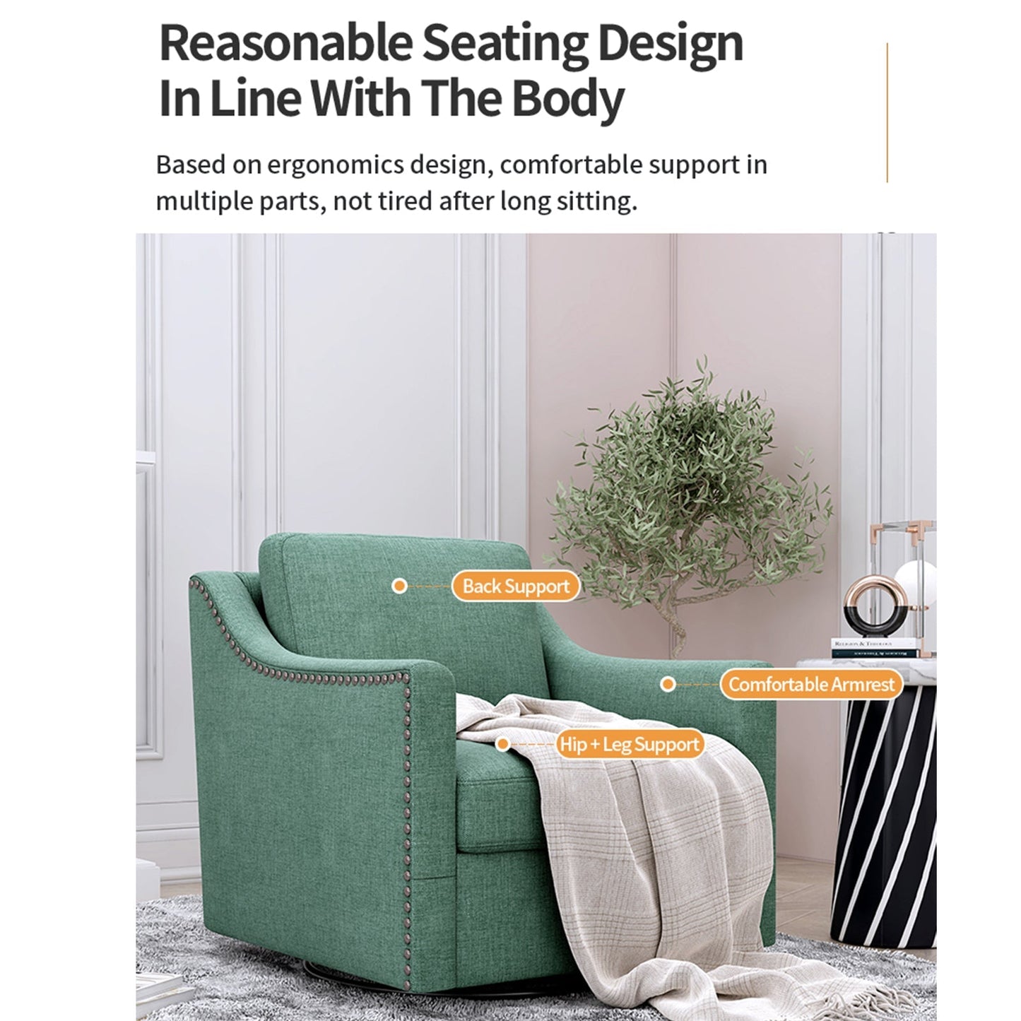 360 Degree Swivel Armchair in cotton-linen fabric with brass nail detailing, accent chair on Tampa Home & Garden Store