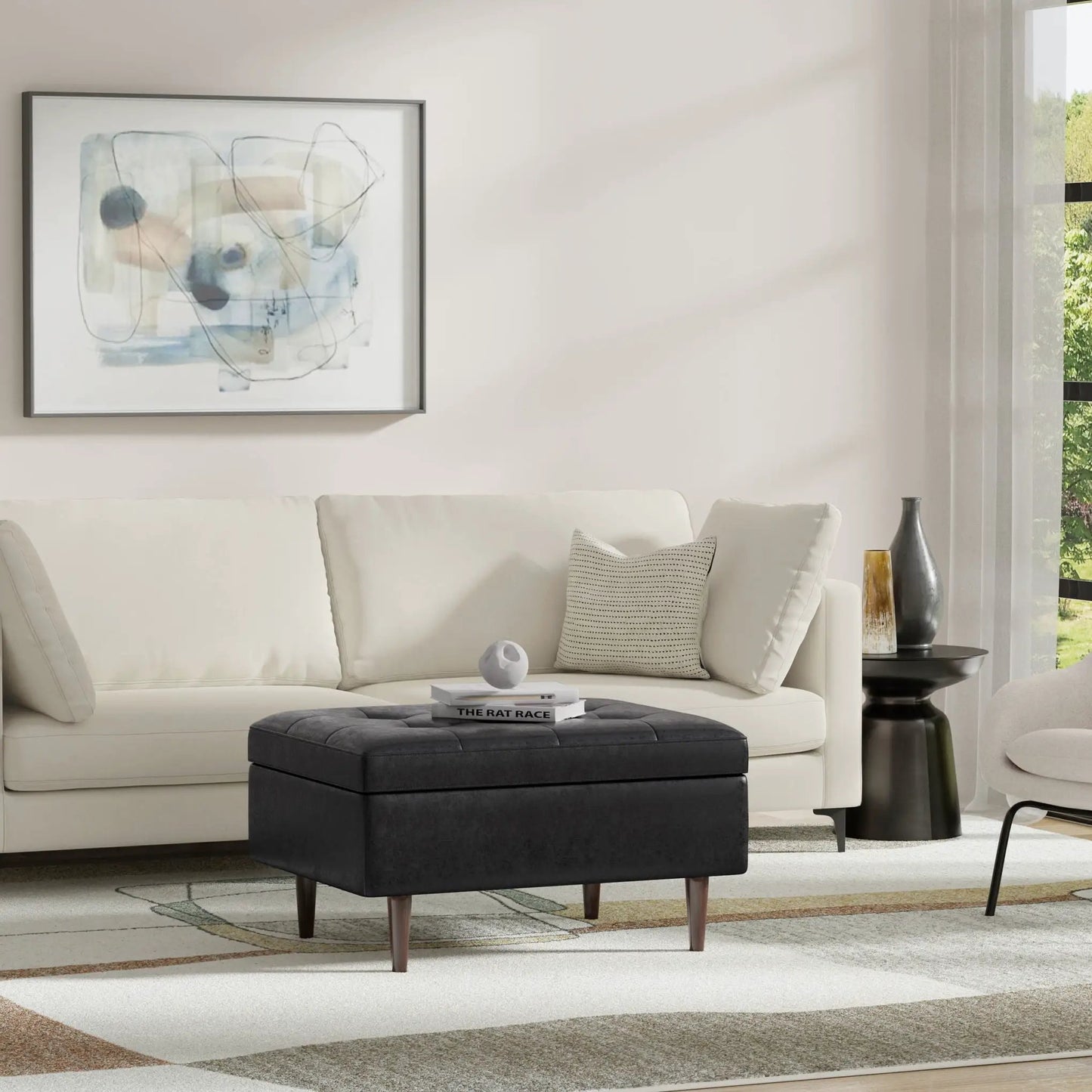 Shay large square storage ottoman in charcoal fabric with mid-century wooden legs on Tampa Home & Garden Store