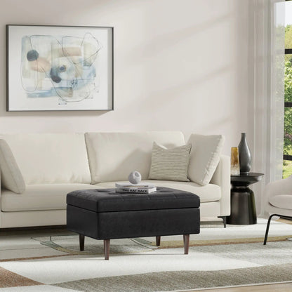 Shay large square storage ottoman in charcoal fabric with mid-century wooden legs on Tampa Home & Garden Store