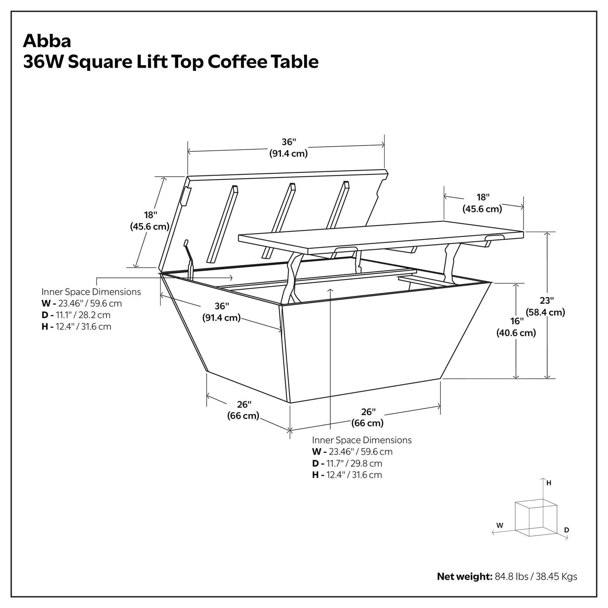 Abba 36W Square Lift Top Coffee Table blueprint with dimensions by Unique Piece Furniture on Tampa Home & Garden Store