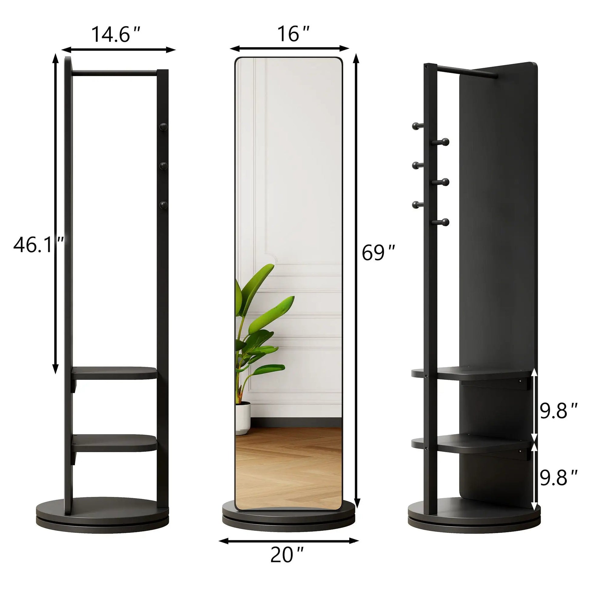 3 in 1 Multifunctional Full Length Clothing Mirror by Unique Piece Furniture, black metal frame with side hooks and bottom shelf, 20 inches wide on Tampa Home & Garden Store