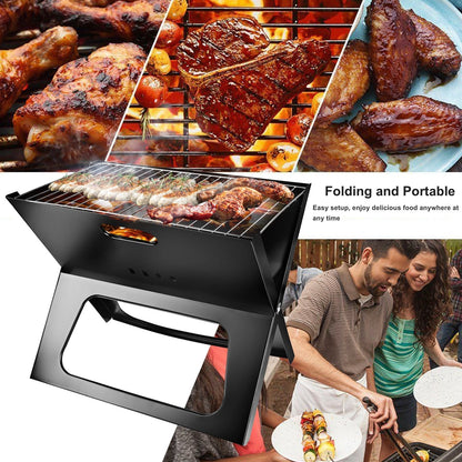 GemGear portable foldable charcoal grill black with stainless grate grilling meat and skewers on Tampa Home & Garden Store