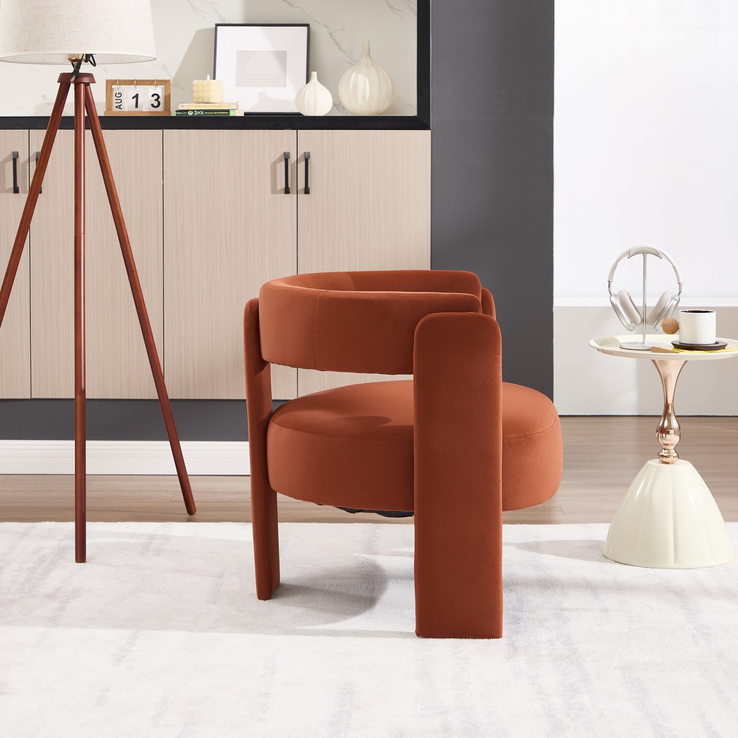 Velvet accent chair burnt orange single sofa chair for living room with tripod floor lamp on Tampa Home & Garden Store