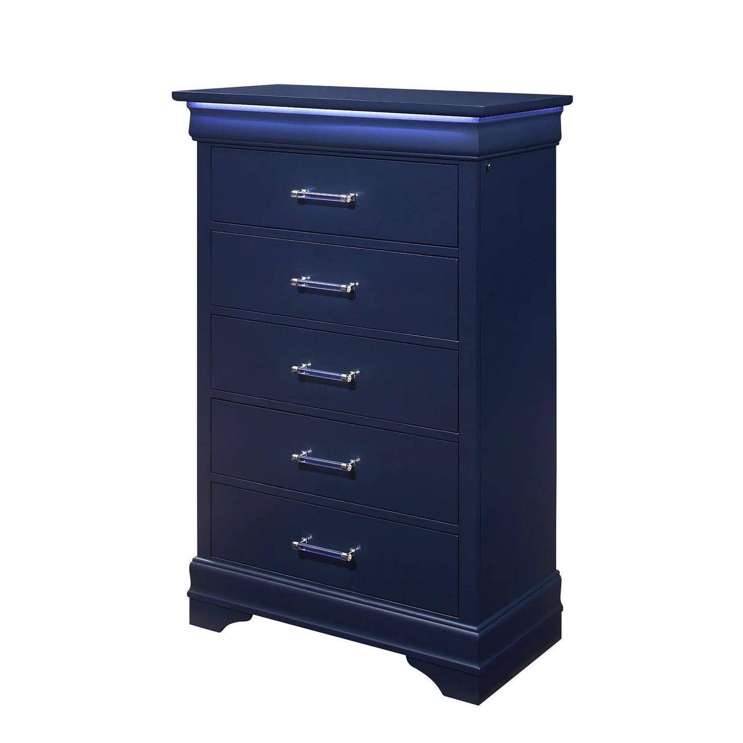 Charlston Chest With LED navy blue accent chest with chrome handles and LED-lit top on Tampa Home & Garden Store