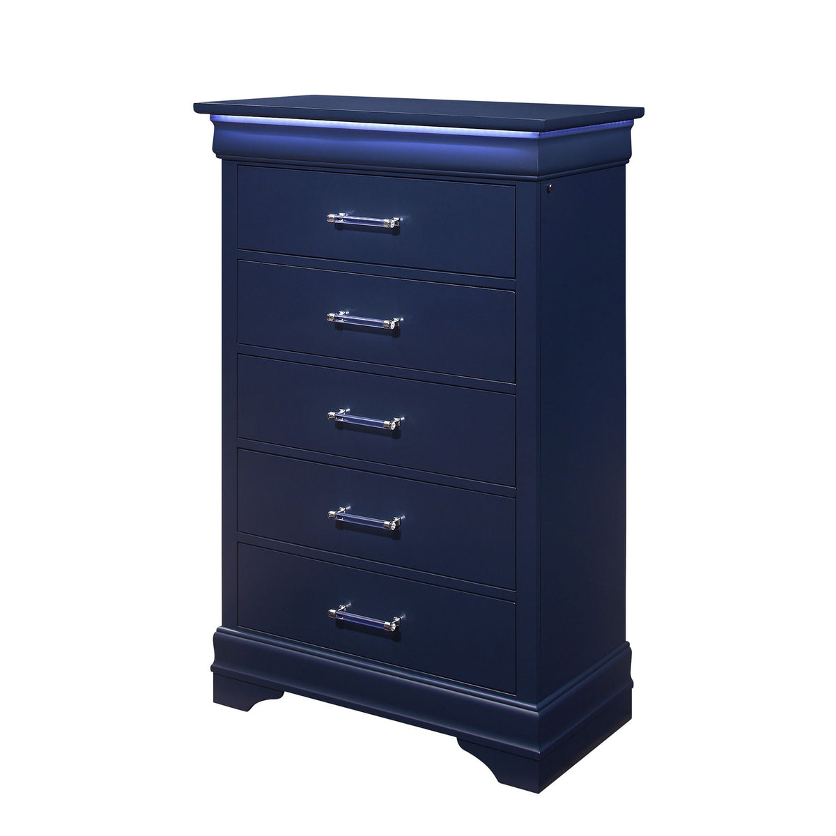 Charlston Accent Chest with LED Lighting in blue finish by HouseOfZazla with chrome handles on Tampa Home & Garden Store