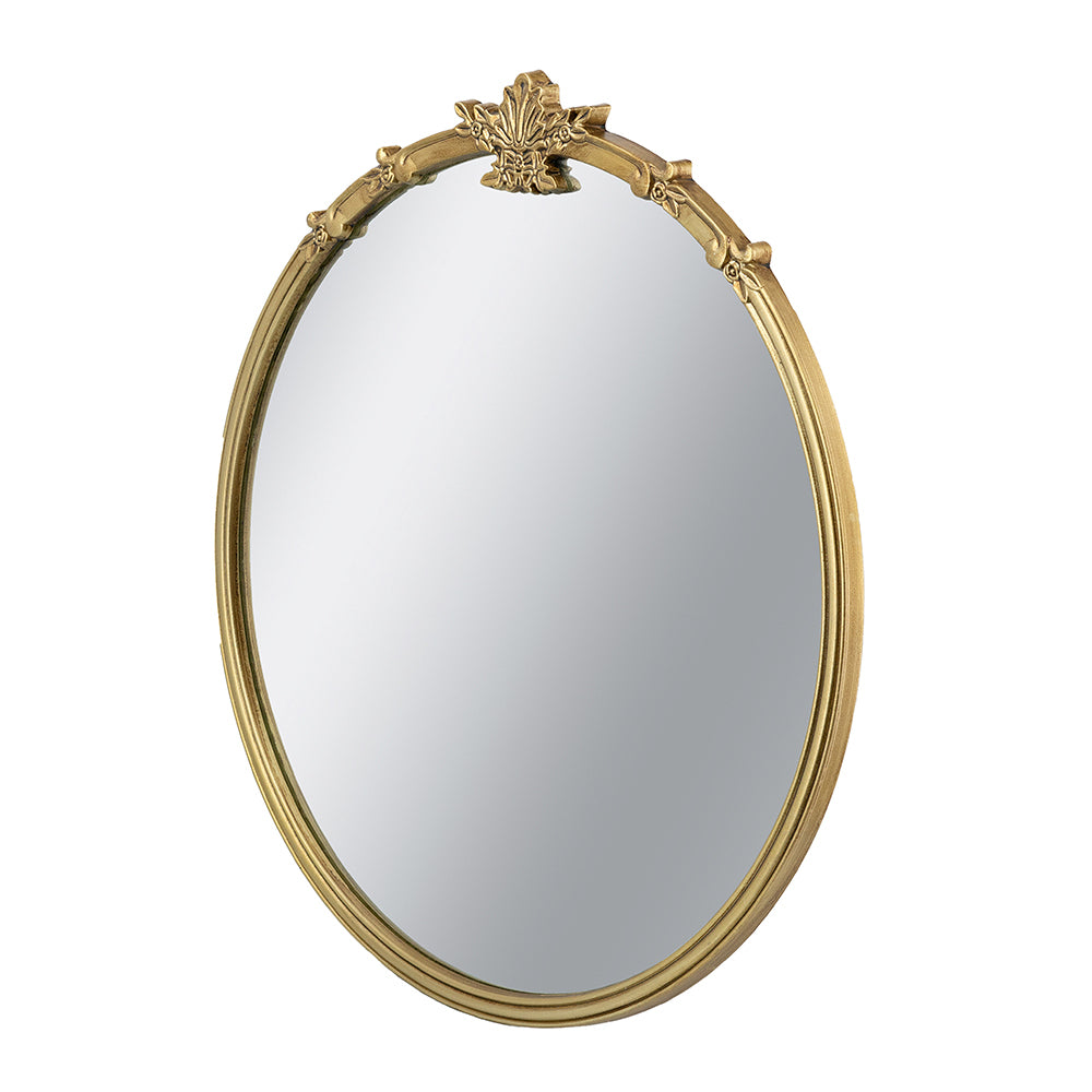 Round wall mirror by HouseOfZazla in gold finish with decorative leaf crest, 30x31 in on Tampa Home & Garden Store