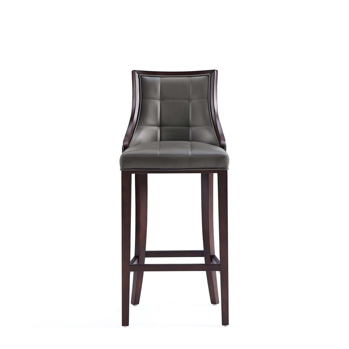Bar height stool with solid wood frame in espresso finish and tufted gray leatherette seat on Tampa Home & Garden Store