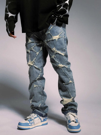 High Street Wash destroyed spider web straight-leg jeans, light blue denim, FLIPSTYLEZLLC on Tampa Home & Garden Store