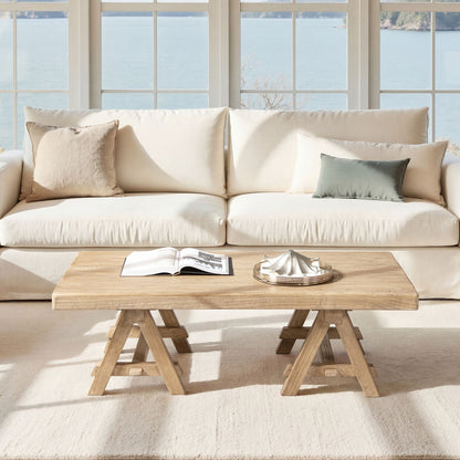 Trestle coffee table in solid reclaimed elm with light brown finish by HouseOfZazla on Tampa Home & Garden Store