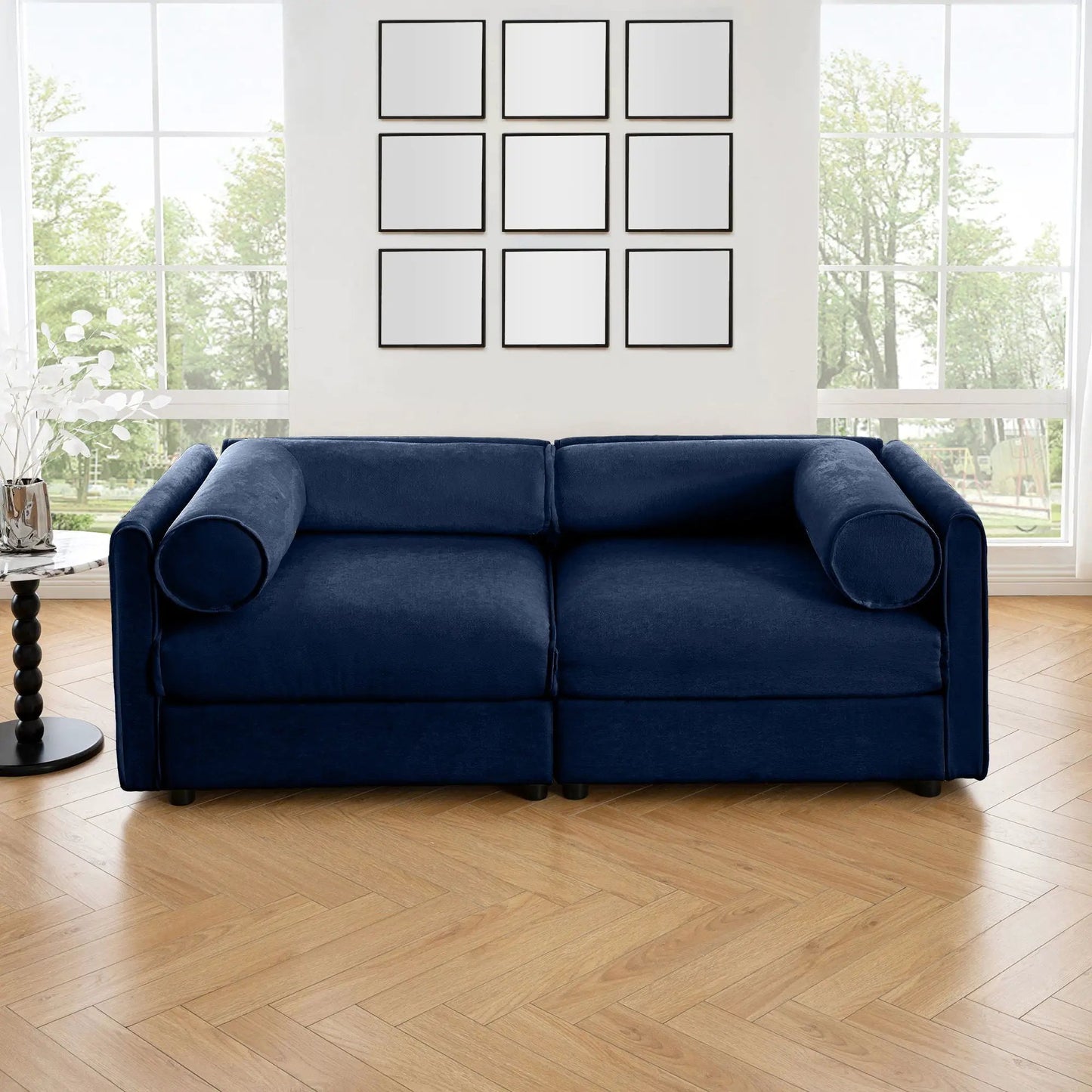Stylish Sofa With Storage Seat And Cylindrical Backrest, navy blue upholstery on Tampa Home & Garden Store