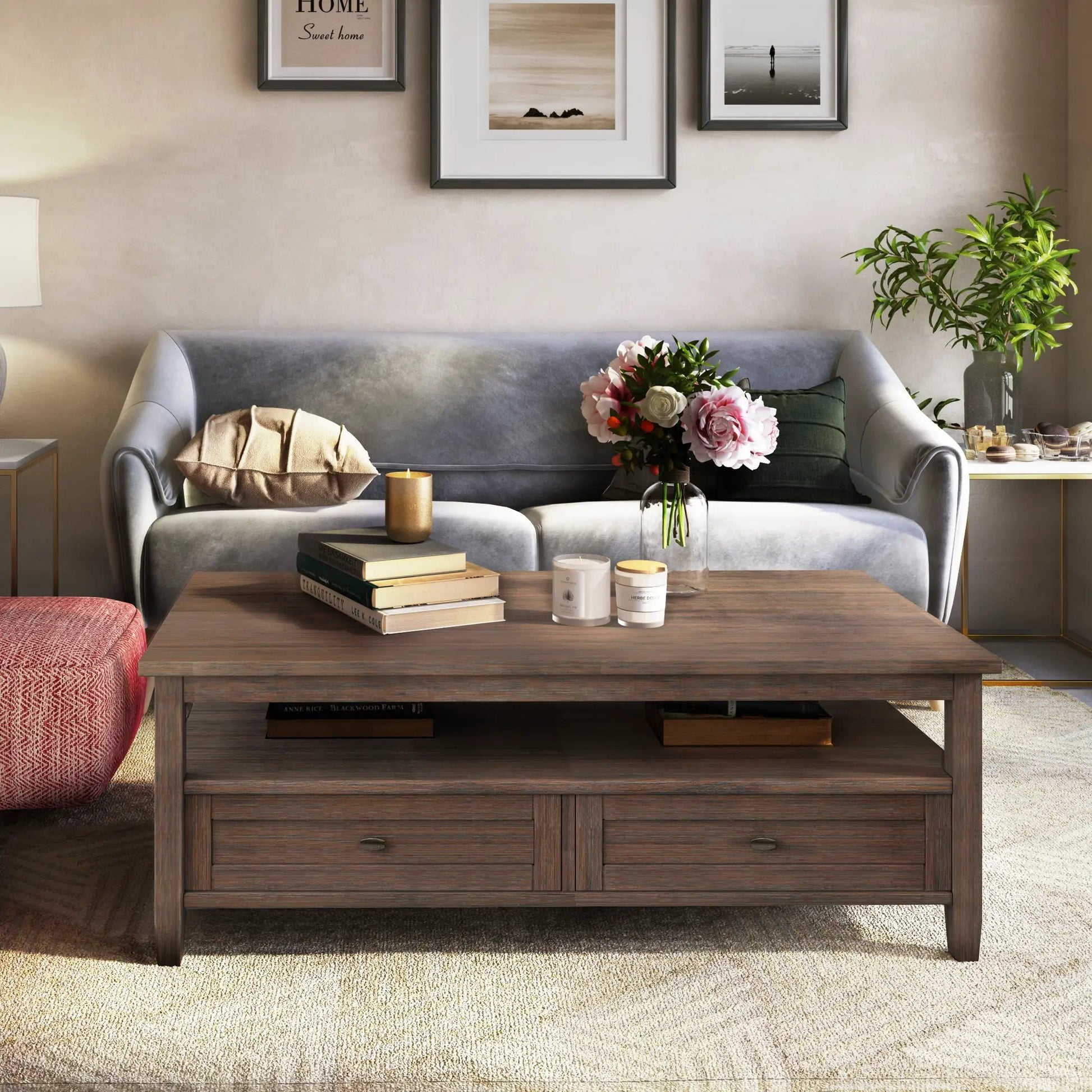 Warm Shaker coffee table by Unique Piece Furniture in dark wood with books and candles on Tampa Home & Garden Store