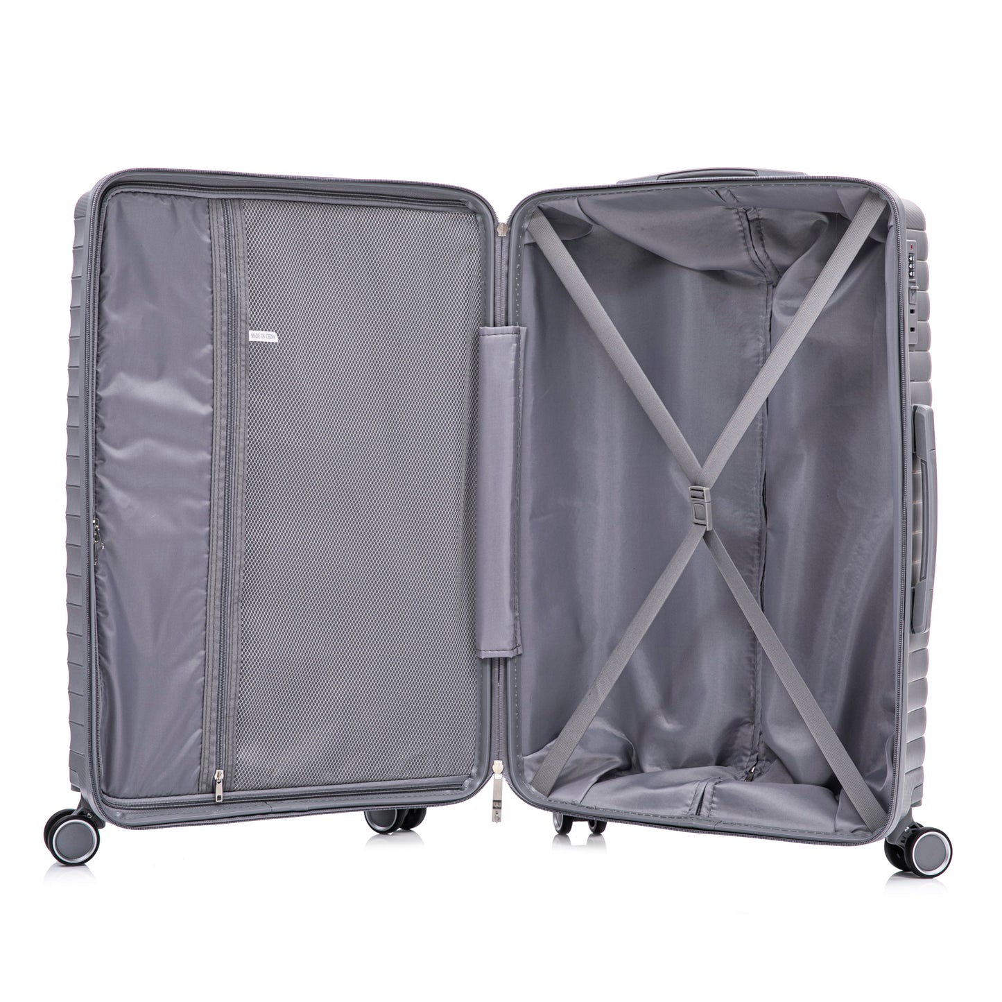 4-Piece PP Spinner Wheel Luggage Set by HouseOfZazla, light gray mesh straps cosmetic case on Tampa Home & Garden Store
