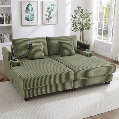 Modern Chaise Sofa in green corduroy with plush cushions and storage, cup and phone holders on Tampa Home & Garden Store