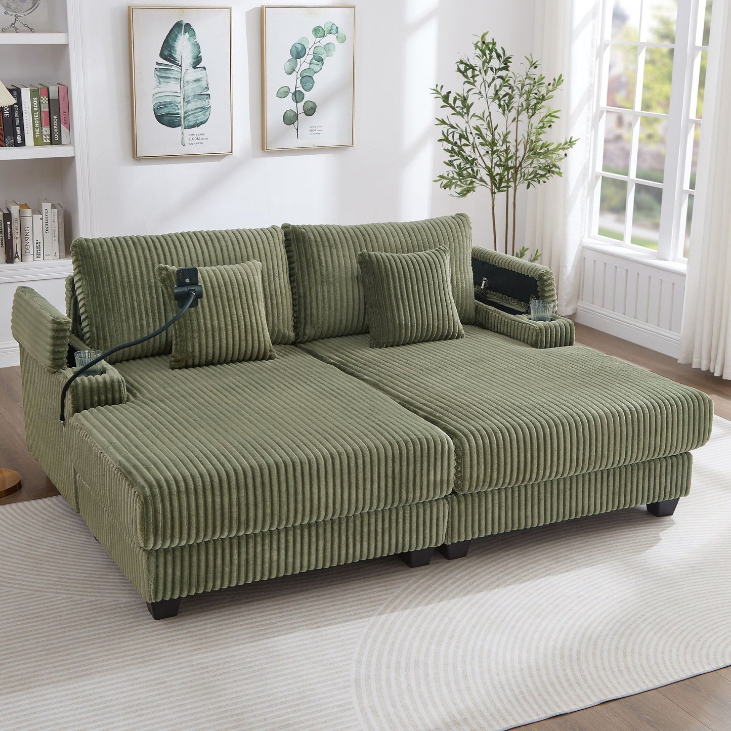 Chaise sofa by HouseOfZazla in green corduroy with adjustable backrest and cup holders on Tampa Home & Garden Store