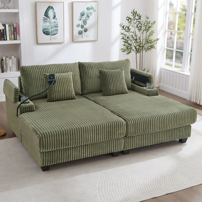 Chaise sofa by HouseOfZazla in green corduroy with adjustable backrest and cup holders on Tampa Home & Garden Store