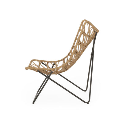 Bryson light brown outdoor chair with woven rattan back and black metal cross base on Tampa Home & Garden Store
