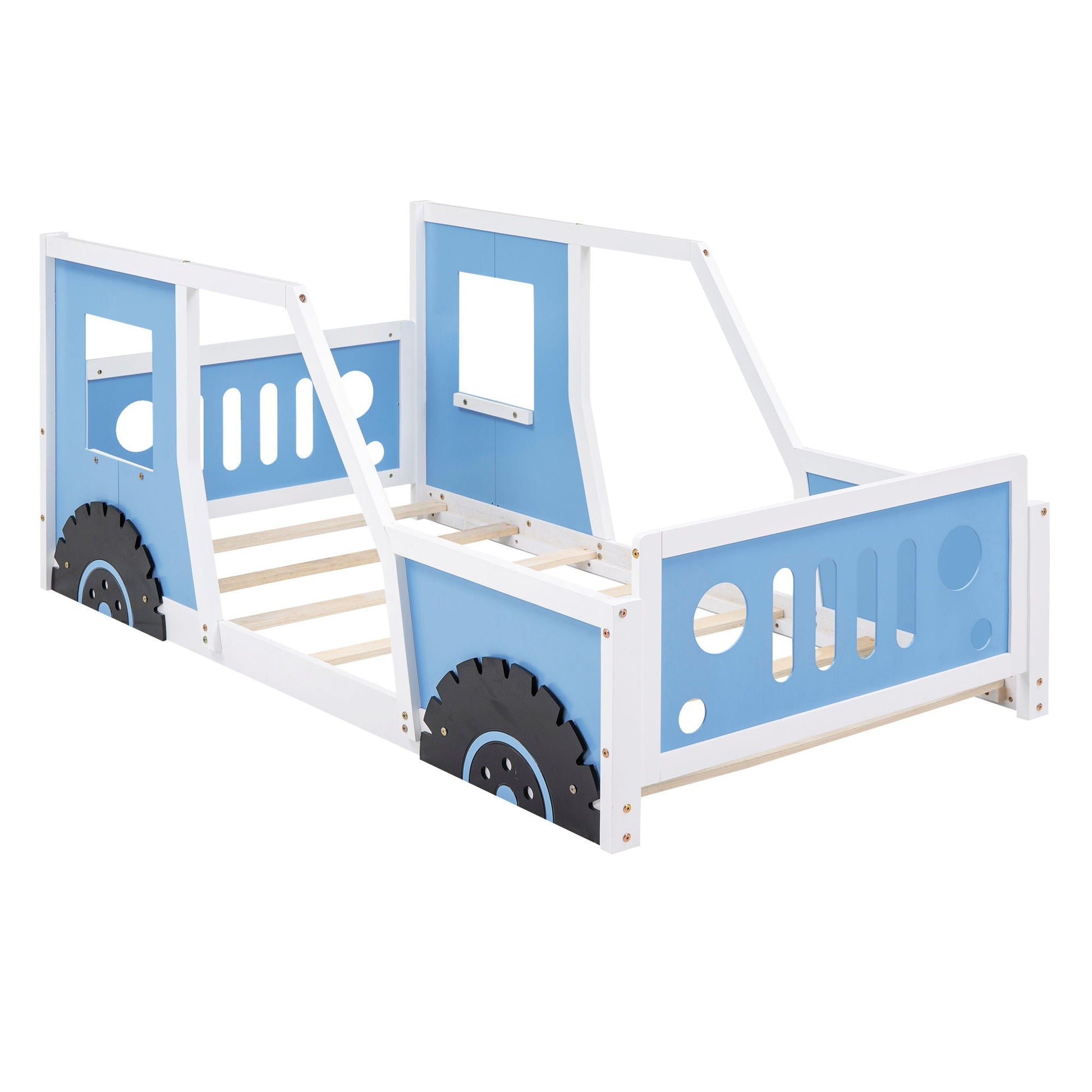 Classic car shaped platform bed with wheels in blue and white by HouseOfZazla car beds on Tampa Home & Garden Store