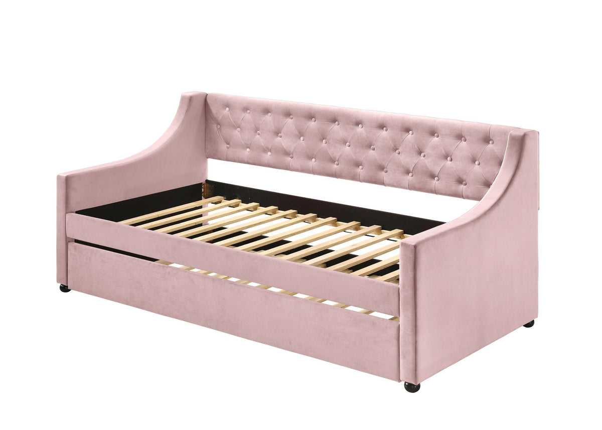 Lianna Daybed Twin & Trundle pink velvet with tufted diamond back and curved arms on Tampa Home & Garden Store